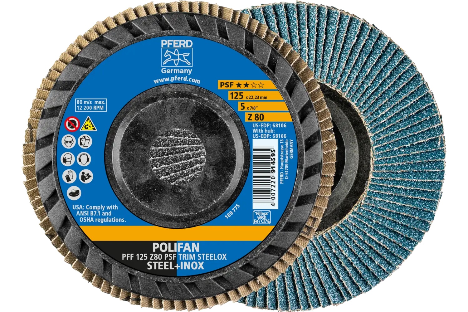 Picture of Pferd Flap Disc, 5" x 7/8, Z PSF Trim Steelox, 80 Grit, T27, Flat, Zirconia